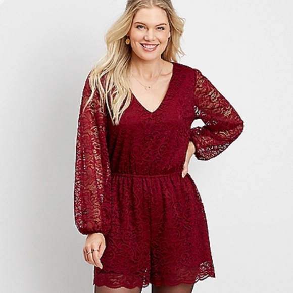 Maurices Maroon Long-Sleeve Lace Romper - Picture 1 of 4